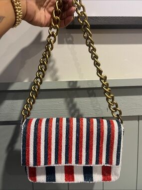Striped Beaded Chain-Handle Shoulder Bag - Red, White & Blue